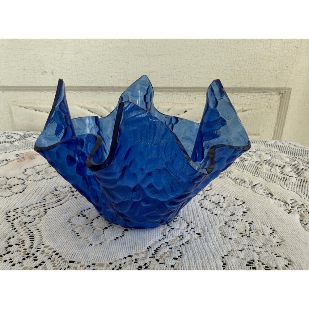 Vintage MCM Chance Brothers Blue Handkerchief Vase Bowl
